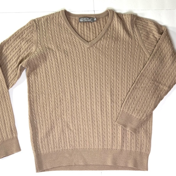 Castle of Ireland Irish Merino Wool Cable Knit V Neck Sweater M Tan Quiet Luxury - Picture 4 of 11